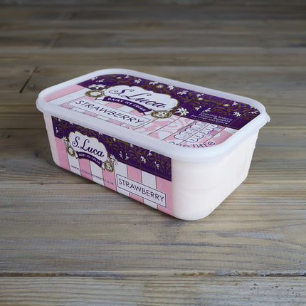 Luca's strawberry ice cream in a 1 litre carton