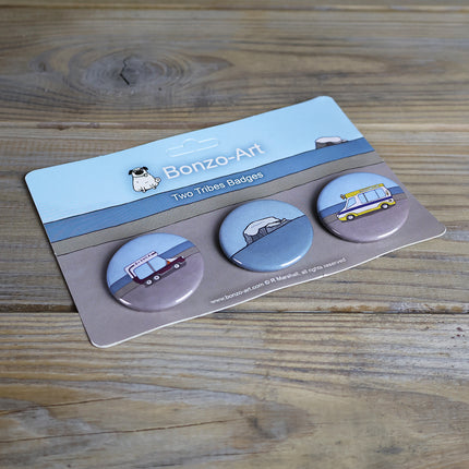 BonzoArt Two Tribes collection of three pin badges