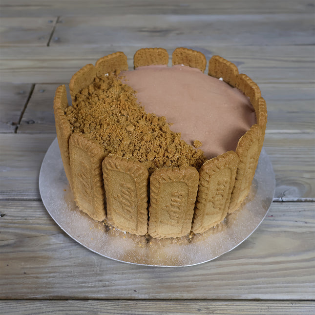 Luca's Caramel Biscoff ice cream cake topped with Biscoff spread, crumble and biscuits