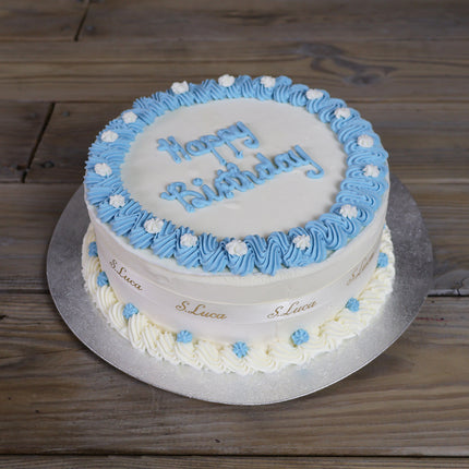 Luca's Blue Belle vanilla and strawberry ice cream cake with floral decoration, no sponge