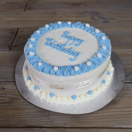 Luca's Blue Belle vanilla and strawberry ice cream cake with floral decoration, no sponge