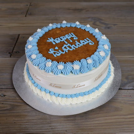 Luca's Blue Belle vanilla and strawberry ice cream cake with floral decoration, with sponge layer