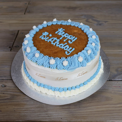 Luca's Blue Belle vanilla and strawberry ice cream cake with floral decoration, with sponge layer