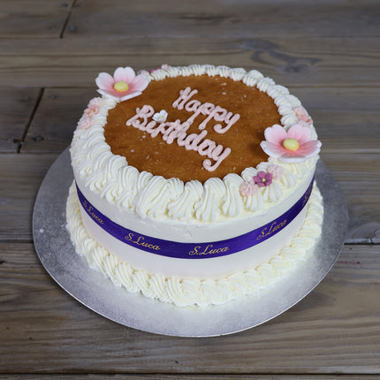 Luca's Flower Bloom vanilla and strawberry ice cream cake with floral decoration, with sponge layer